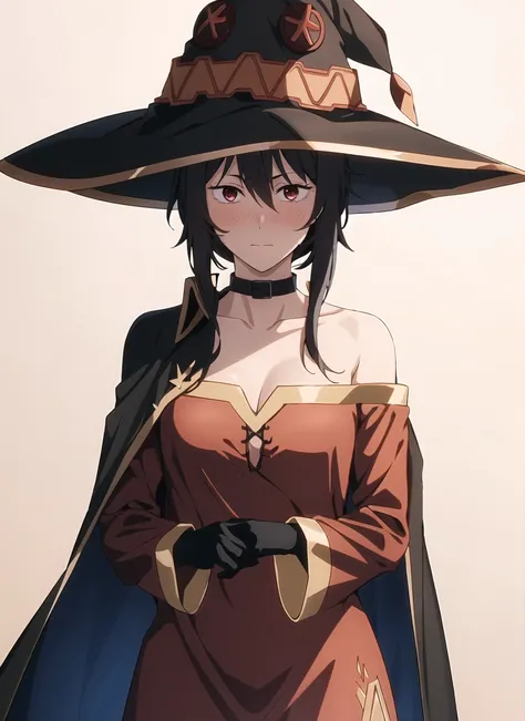 csm anime style, megumin, 1girl, bare shoulders, black cape, black gloves, black hair, blush, cape, choker, collarbone, dress, hair between eyes, hat, long sleeves, looking at viewer, medium hair, off-shoulder dress, off shoulder, red dress, red eyes, side...