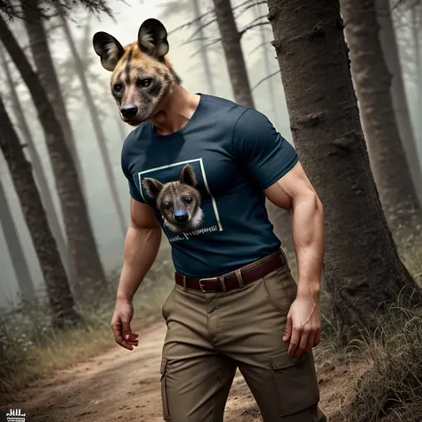 anthro, african wild dog, male, adult, muscular, pants, t-shirt, (realistic fur, fur, realistic fur texture:1), detailed background, wilderness background, photorealistic, hyper realistic, ultra detailed,