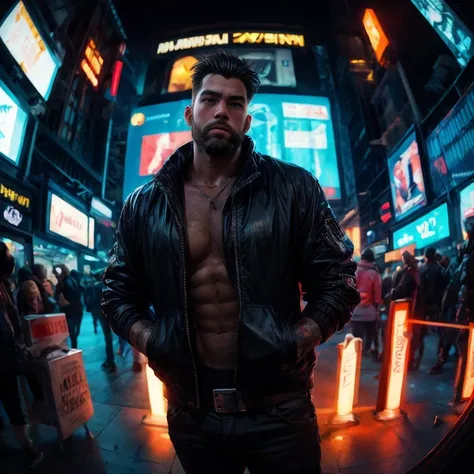 (masterpiece, best quality), 1boy, muscular, beard, cyberpunk, (blurry, bokeh, fisheye lens), night, looking at viewer, contrast, contrapposto, neon oversized jacket,
<lora:add_detail:1>