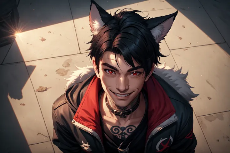 a close up of a person with a cat ear and a red jacket