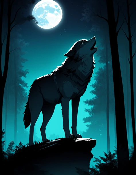 Illustration of a lone wolf standing at the edge of a dense forest, with a moonlit sky in the background, its gaze fixed ahead with determination, embodying the innate instinct to return to the wild