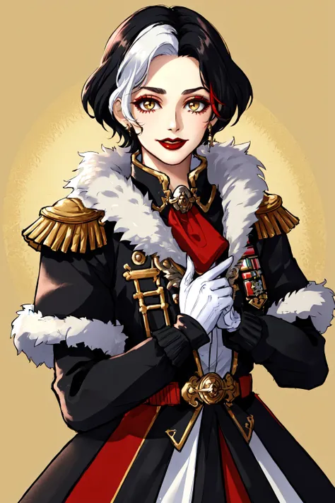 Emet Selch, 1girl,  black hair, coat, epaulettes, fur trim, gloves, lipstick, looking at viewer, makeup, multicolored hair, short hair, smile, two-tone hair, upper body, white gloves, white hair<lora:Hades_V2:0.6>