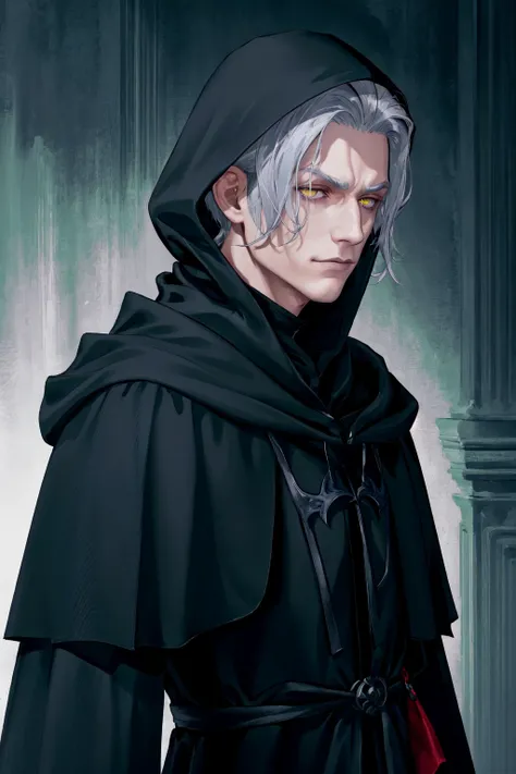 Emet Selch, 1boy, black capelet, black robe, capelet, closed mouth, from side, grey hair, hood, hood down, hooded capelet, looking at viewer, male focus, mask, mask around neck, mask removed, medium hair, robe, serious, short hair, upper body, white hair, ...