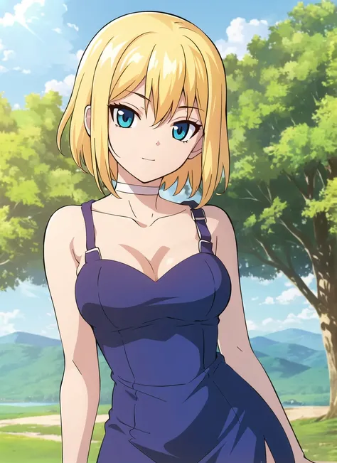 boichi anime style,  1girl, arm behind head, arm up, armpits, blonde hair, blue dress, blue eyes, breasts, choker, cleavage, contrapposto, dress, upper body, looking at viewer, medium breasts, solo, thighs, outdoors, white choker, ((masterpiece)) <lora:boi...