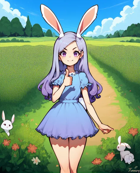 score_9,score_8_up,score_7_up,score_6_up,elinxl,long hair,tail,rabbit ears,dress,standing,purple eyes,rabbit tail,looking at viewer,
fields,sunny,garden,<lora:elinXL:1>,