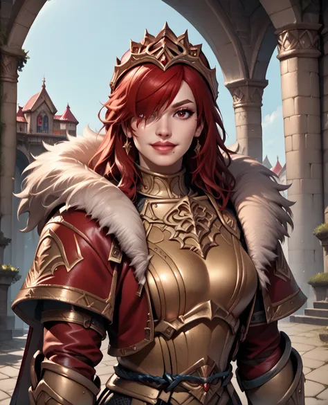 score_9,score_8_up,score_7_up,
hildexl,red hair,lips,hair over one eye,red eyes,mole under mouth,
armor,gauntlets,fur trim,breastplate,thighhighs,red coat,head crown,looking at viewer,light smile,
european castle,
<lora:HildeSC6XL-10:0.8>,