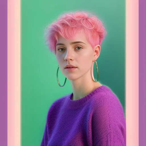 portrait of woman with bright pink hair, curly pixie cut hair, wearing a purple breton cap, breton cap, ((camera vignette)), hoo...