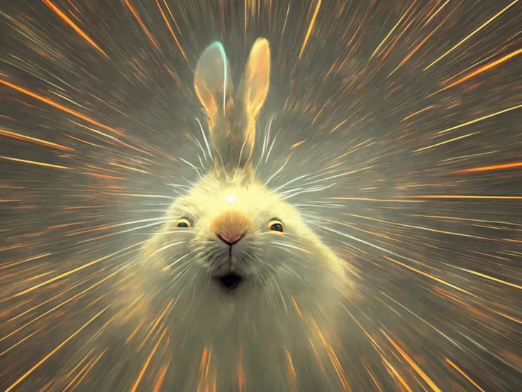 vividly rendered, max res photo of a rabbit starship going warp speed