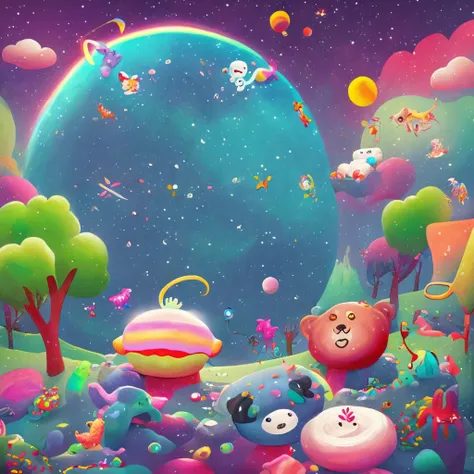 a wonderful happy dream planet with rainbows and marshmallows and cute little animals