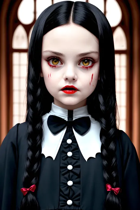 masterpeice, best quality, a photo of adult girl as wednesday addams, cute detailed oval face, long straight black hair, face covered in blood, the gap between the teeth, high detailed, vibrant, photo realistic, realistic, dramatic, dark, sharp focus, 8k, ...