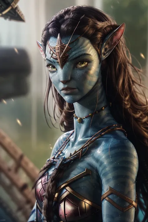 detailed full body, avatar (gal gadot and anya taylor joy), military, na'vi, blue skin, aoa, (depth of field), princess, beautif...