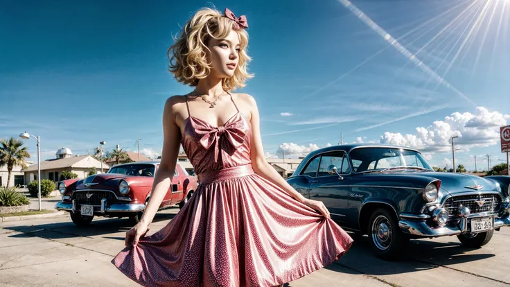 (blonde:1.2) woman, 50s 1950s rockabilly swing ballerina pinup model, 50s bobby pinned wavy greased hair toupee hairspray, (holding dress with hands:1.3), gas station, 50s cafe, next to a shiny Neon Blue(cadillac:1.2), (motorcycle:1.2), venice beach landsc...