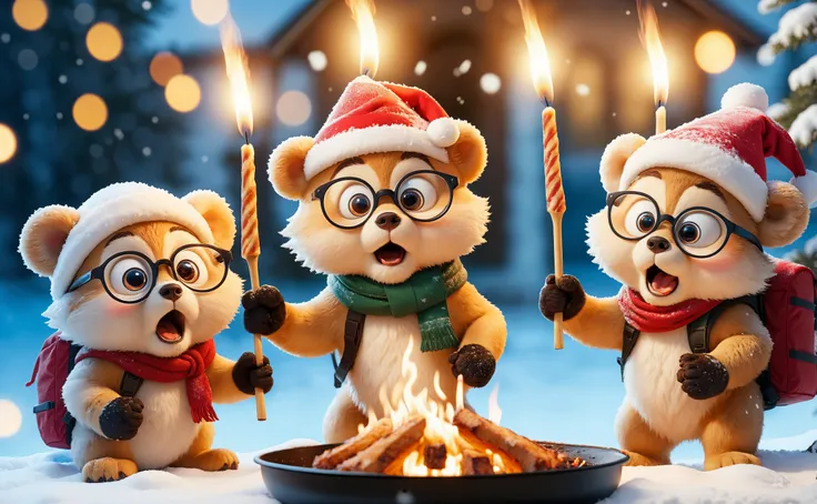 three stuffed animals are standing around a fire with candles