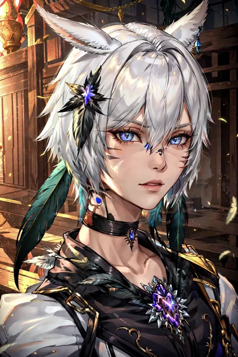 <lora:FFXIV_TrailerCG:0.8> FFXIV Trailer CG, 1girl, solo, looking at viewer, short hair, animal ears, jewelry, closed mouth, white hair, choker, cat ears, lips, grey eyes, tattoo, blurry background, facial mark, feathers, slit pupils, brooch, portrait, fea...