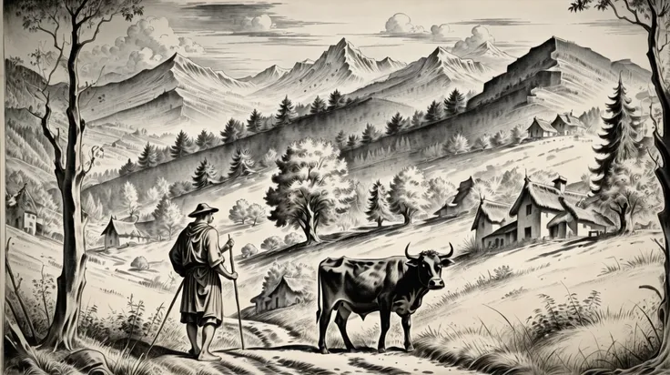 Shepherd with a cow, forest and mountains in the background, black ink <lora:corcoc1s:0.8>