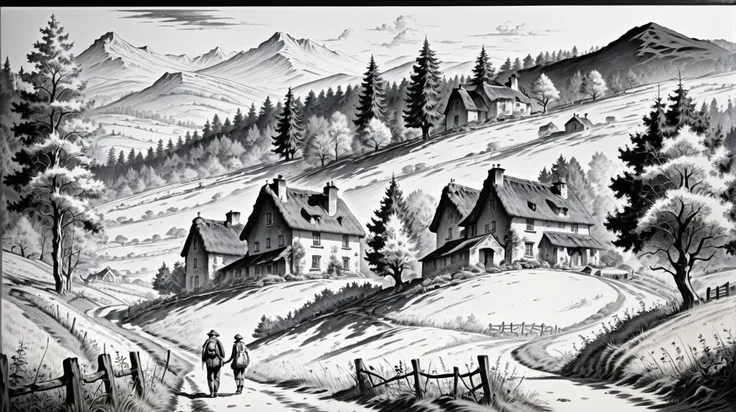 Countryside among mountains and forests, rural cottages and walking people, black ink <lora:corcoc1s:0.8>