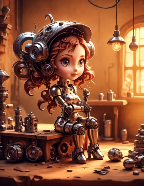 a cartoon girl sitting on a table with a clock and a lot of objects