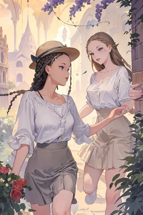 two women in skirts and hats are walking through a garden