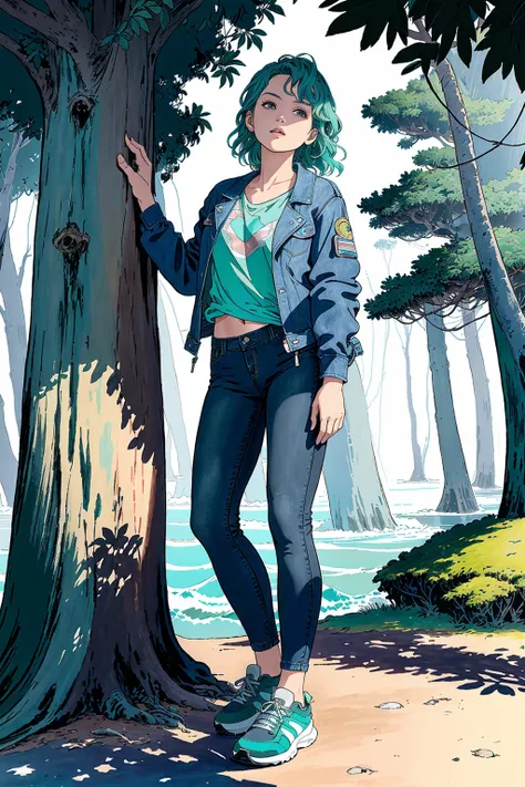 a woman standing next to a tree in a forest