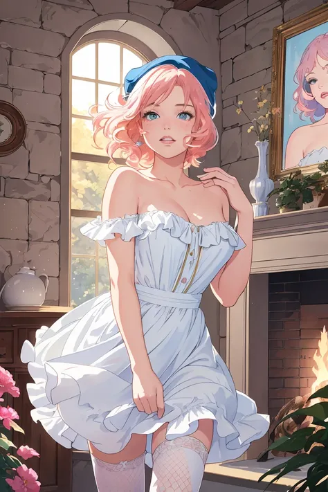 anime girl in a blue dress and hat standing in front of a fireplace