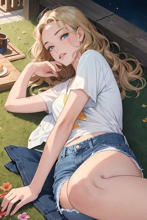 anime girl laying on the ground with a plate of food