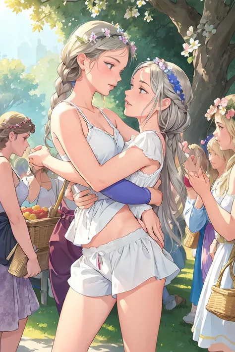 anime couple hugging in a park with people in the background