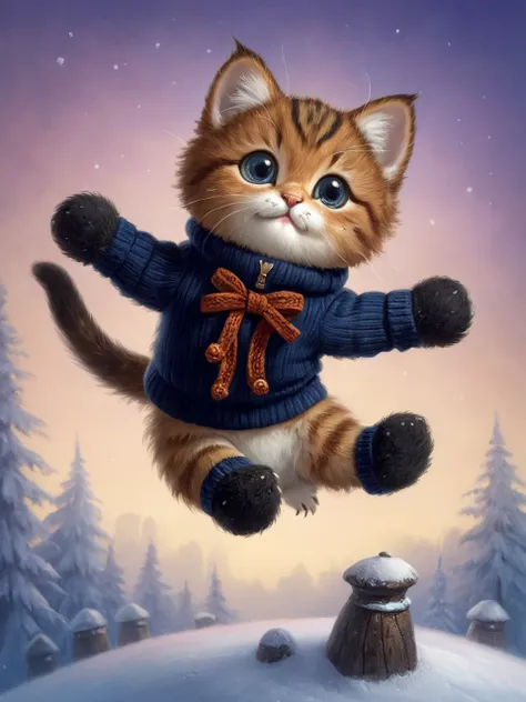 a close up of a cat wearing a sweater jumping in the air