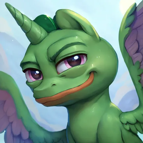 score_9, score_8_up, score_7_up, score_6_up, score_5_up, score_4_up,  (by aki99), (solo), source_pony, rating_safe, pepe the frog, alicorn body, frog head, bald, smug, spread wings, masterpiece, detailed soft lighting <lora:aki99_pony_v3-000012:0.8> <lora:...