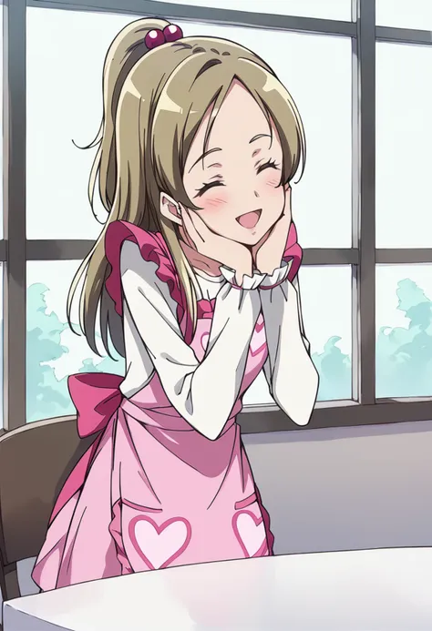 anime girl in pink dress sitting at a table with her hand on her chin