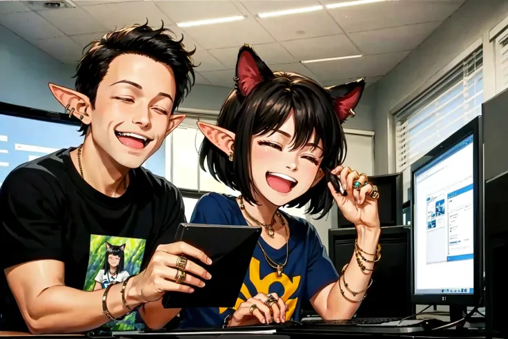 <lora:TankStanceMeme:0.8> 1boy, 1girl, animal ears, belt, black hair, closed eyes, computer, elf, indoors, jewelry, open mouth, shirt, short hair, short sleeves, smile, smug, tankstancememe, upper body