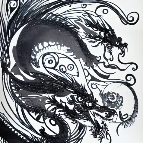 dblinebrush style, masterpiece, beautiful portrait of eastern dragon, monochrome