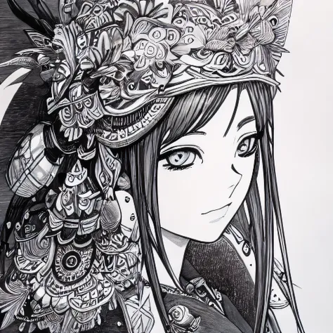 dblinebrush style, masterpiece, 1girl, beautiful portrait of anime female adventurer, monochrome