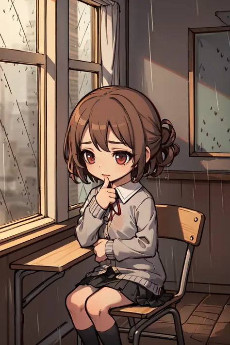 (best quality), (masterpiece), (chibi), 1girl, blink, school uniform, in classroom, sit on chair, next to window, perfect face, ...