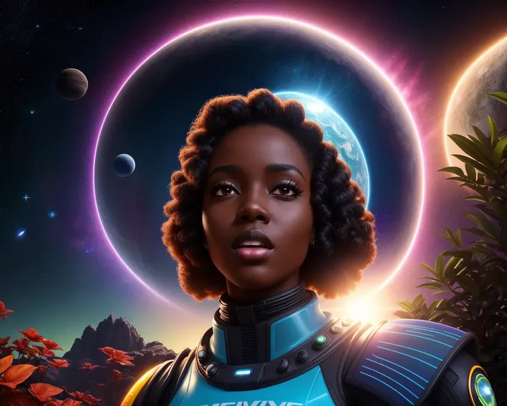 a pop-sci woman with dark skin in a retro space suit, amazing alien planet, colorful, vibrant, alien plantlife, starry backgroun...