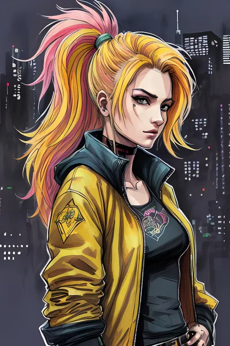 a concept sketch of a cyberpunk woman in a yellow jacket, multicolored wildly hair, mane,  (badass), looking over shoulder, 2d, line drawing, (pencil sketch:0.3), (caricature:0.2), watercolor city sketch,
