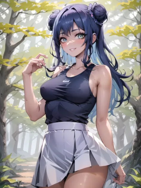 masterpiece, best quality, cowboy shot, forest, mature female:1.3, lips, parted lips, long eyelashes, tan skin:0.6, athletic body, (blue long hair), smile, salmon eyes, tank top, denin skirt, double-buns <lora:doubleBuns-000020:0.75> <lora:matureFemaleLoha...