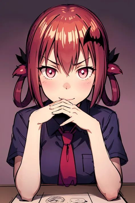 anime girl with red hair and a tie sitting at a table