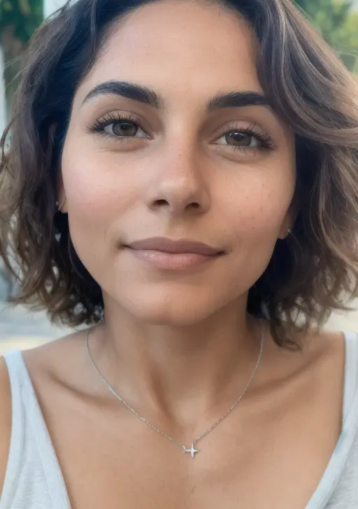 a woman with a cross necklace on her neck and a white tank top