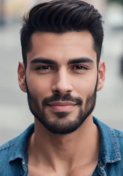 a man with a beard and a denim shirt smiling