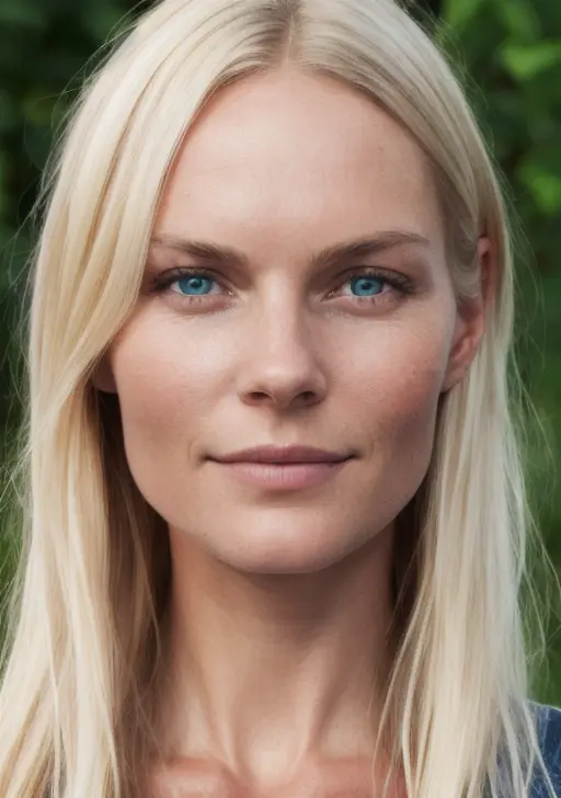 a close up of a woman with long blonde hair and blue eyes