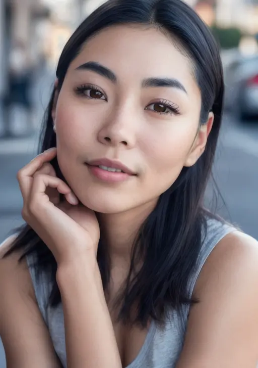 a close up of a woman with a gray shirt on posing for a picture