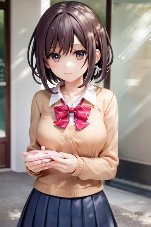 <lora:ShinonomeEna:0.7>,1girl,solo, school uniform, short hair, brown hair, brown eyes, smile, closed mouth, outdoors