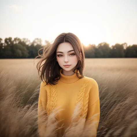 a woman in a yellow sweater standing in a field of tall grass