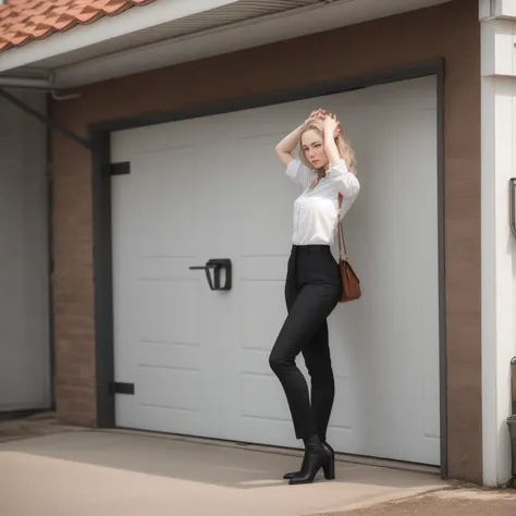 a woman in black pants and a white shirt is standing in front of a garage door