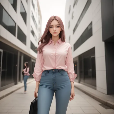 a woman in a pink shirt and blue jeans is standing in a city