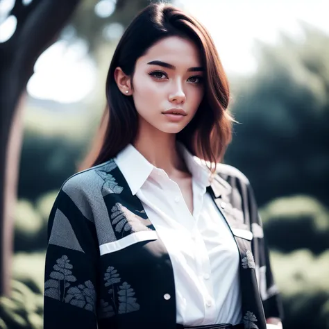 a woman with long hair wearing a black and white jacket