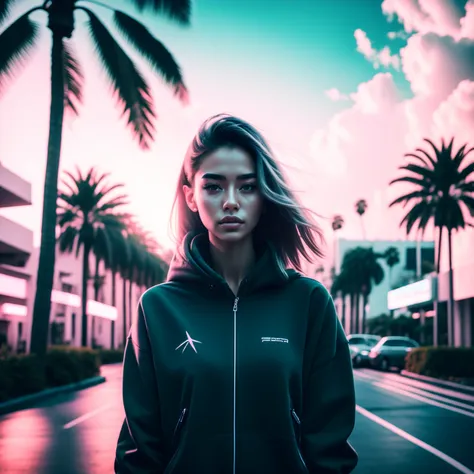 a woman standing on a street with palm trees in the background