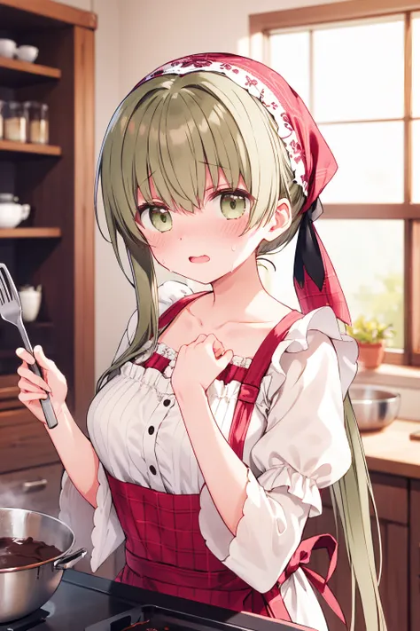 1girl, cecilia \(shiro seijo to kuro bokushi\), official art, solo, blush, eyebrows visible through hair, green hair, spatula, o...