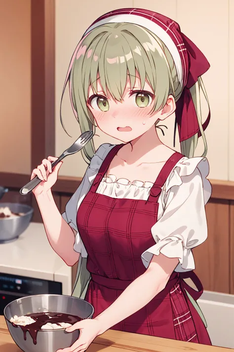 1girl, cecilia \(shiro seijo to kuro bokushi\), anime screencap, solo, blush, eyebrows visible through hair, green hair, spatula...