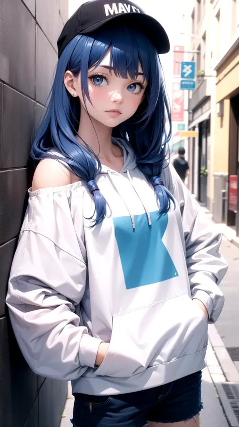 (masterpiece, best quality:1.2), 1girl,solo,long hair,blue hair,hoodie,off shoulder:1.2, mob cap, street,hand on hip, hand in pocket,